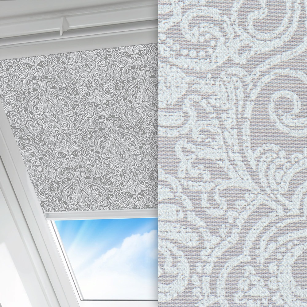 Dachfenster Rollo Barok, grau/weiss, lichtdurchlässig & blickdicht, feucht abwischbar