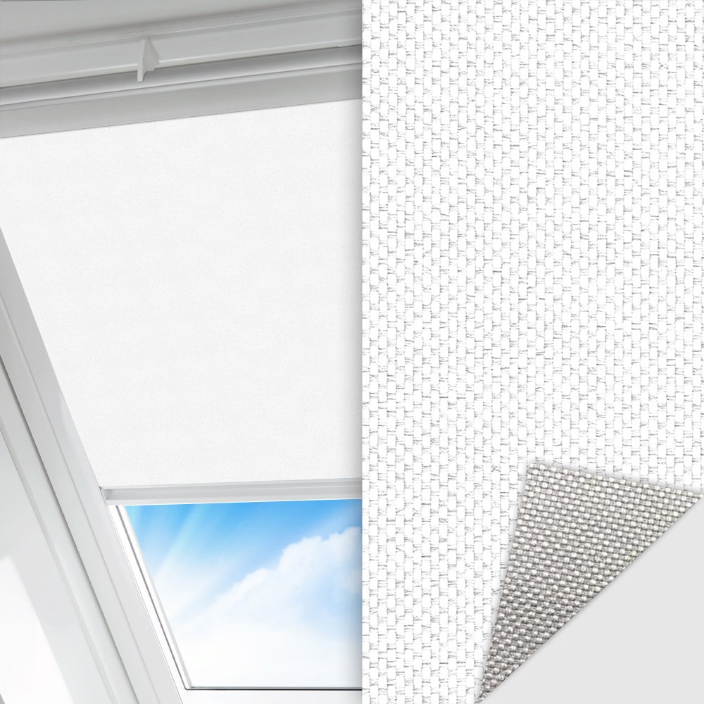 Dachfenster Rollo Techno, weiss, lichtdurchlässig & blickdicht, Rückseite Alu, schmutzabweisend, feucht abwischbar