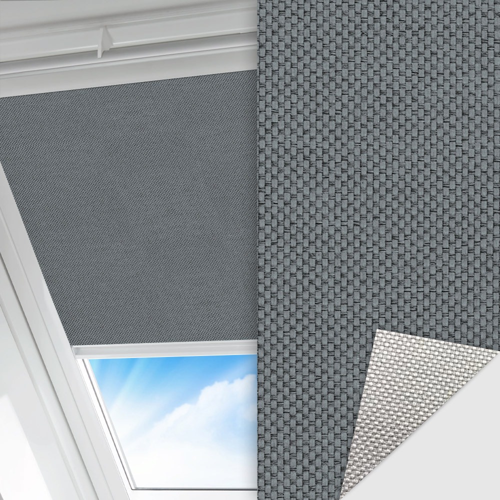 Dachfenster Rollo Techno, dunkelgrau, lichtdurchlässig & blickdicht, Rückseite Alu, schmutzabweisend, feucht abwischbar