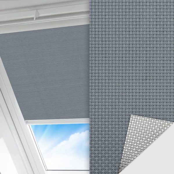 Dachfenster Rollo Techno, grau, lichtdurchlässig & blickdicht, Rückseite Alu, schmutzabweisend, feucht abwischbar